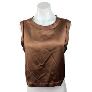 Ro&De Brown Silk Satin Crew Neck Sleeveless Pullover Boxy Crop Tank Top Size M